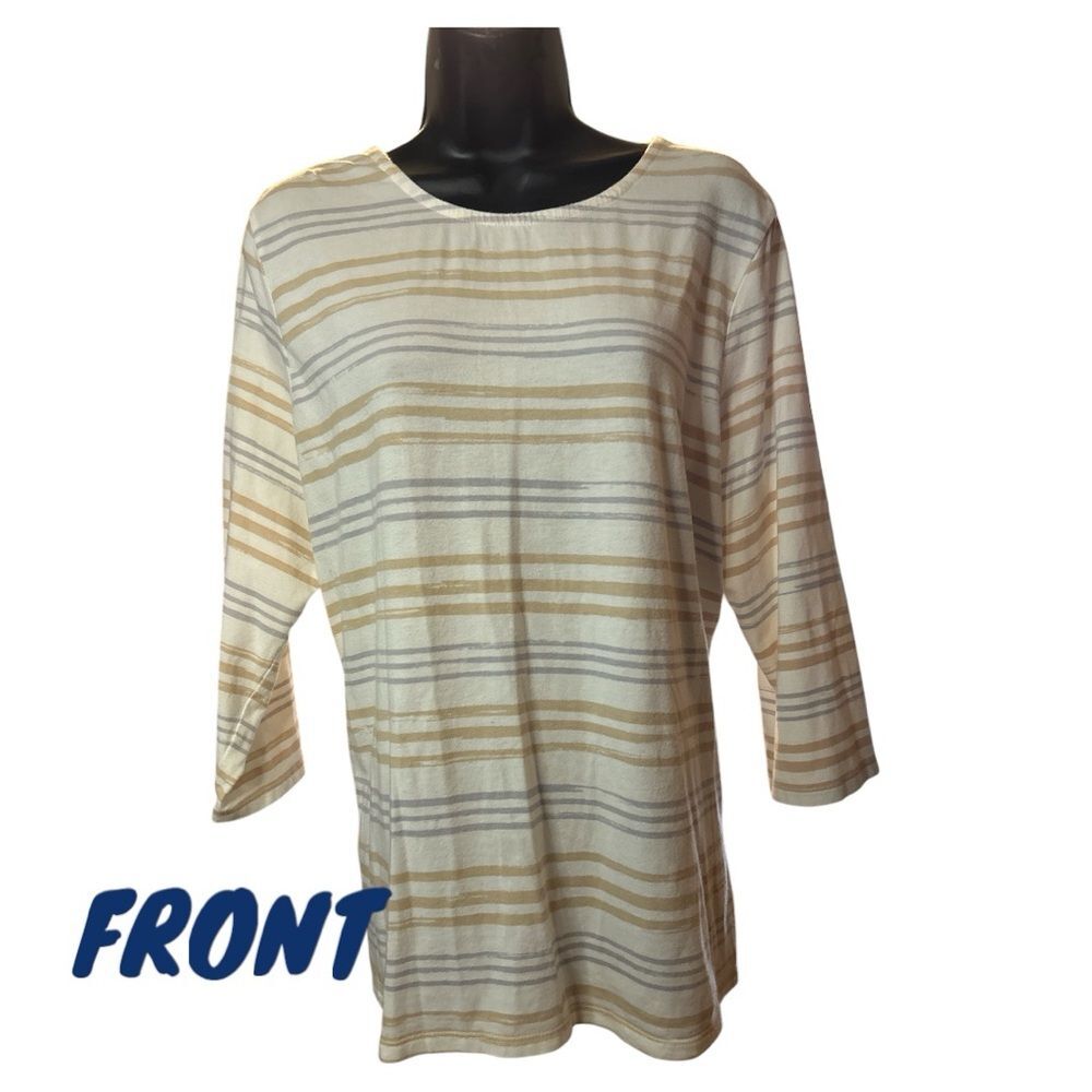 Beige Striped Top Women 3/4 Sleeve Round Neck Casual Basic Everyday Shirt